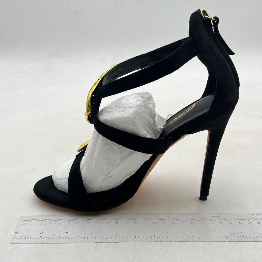 FSJ Black Gold S Strap High Heels Ankle Strap Sandals Open Toe Fashion Shoes